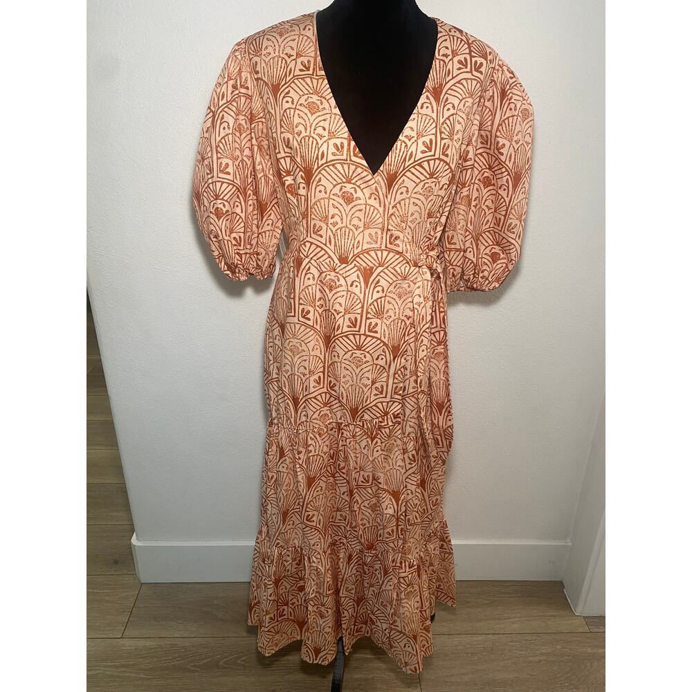 NWT Anthopologie-Hutch Cottage-Core Boho V-Neck Coral Tiered Wrap Midi Dress -M